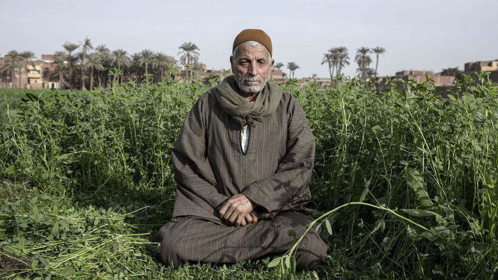 Un paysan du gouvernorat d’Assouan est assis en tailleur dans son champ près du haut barrage d’Assouan.