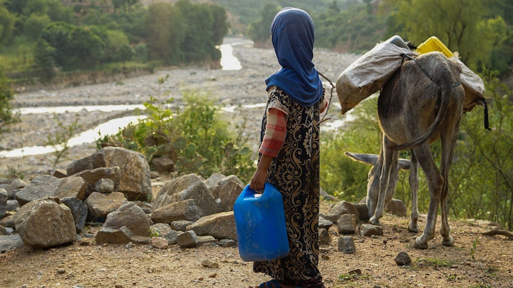 Une jeune fille se tient en haut d’une vallée, avec un seau d’eau dans la main. On la voit de dos.