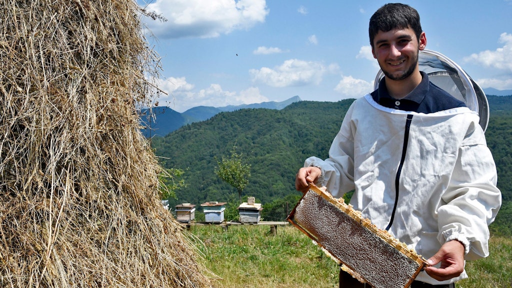 Un jeune homme montre un nid d’abeilles.