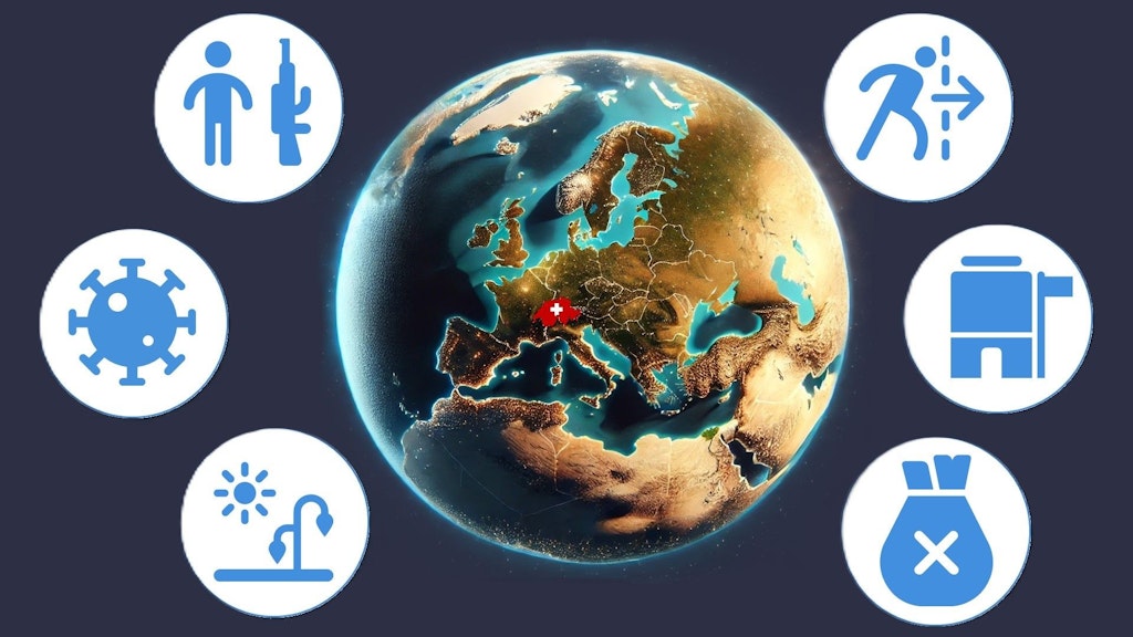 Le globe terrestre avec la Suisse mise en évidence, entourée de pictogrammes illustrant les six thèmes considérés dans l'article.