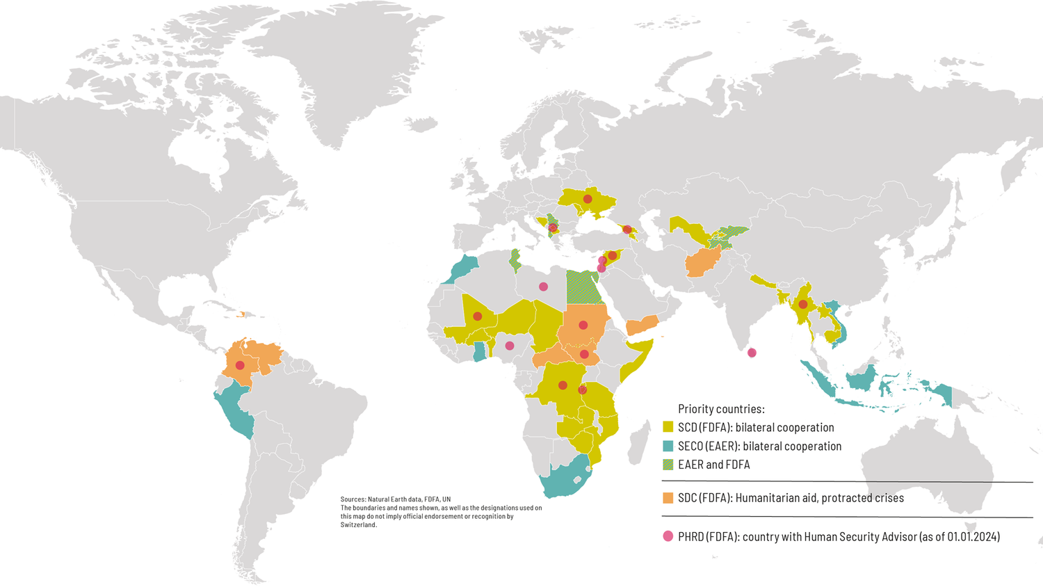 World map showing countries where Switzerland is engaged in development cooperation, humanitarian aid and peacebuilding.