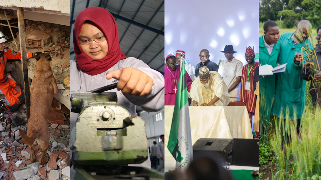 Four pictures next to each other: a rescuer with a dog in front of a collapsed house, a woman at a machine, a group of people at the signing of a peace treaty and a group of people inspecting an ear of corn. 
