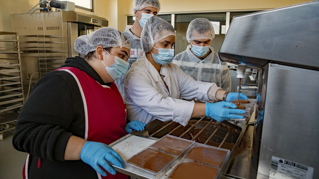 Quattro giovani stanno imparando un mestiere nel settore alimentare 