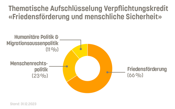 66 Prozent des Verpflichtungskredits Friedensförderung und menschliche Sicherheit gehen in die Friedensförderung. 23 in die Menschenrechts- und 11 Prozent in die Humanitäre Politik und Migrationspolitik.