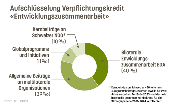 Aufteilung Verpflichtungskredit Entwicklungszusammenarbeit. 10 % Schweizer NGO’s, 11 % Globalprogramme, 40 % bilaterale Zusammenarbeit, 39 % multilaterale Organisationen.