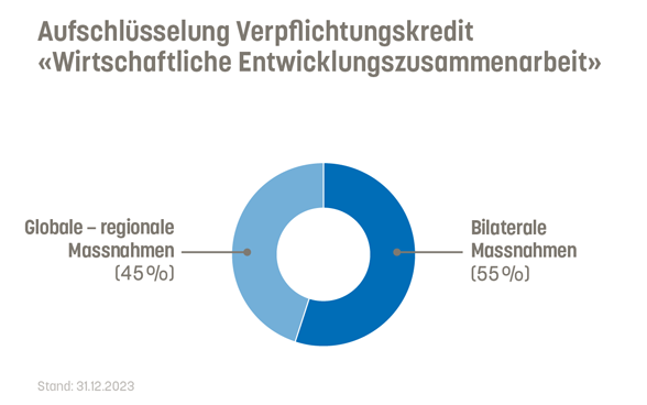 55% des Verpflichtungskredits Wirtschaftliche Entwicklungszusammenarbeit gehen in bilaterale Massnahmen. 45 % in globale und regionale Massnahmen.