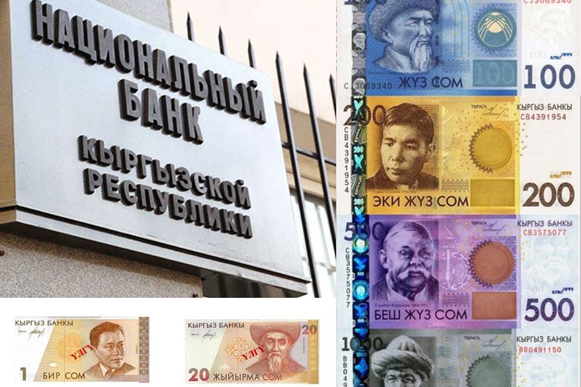 Abbildung eines Schilds an der kirgisischen Nationalbank sowie Bilder mehrere Banknoten der kirgisischen Währung Som.