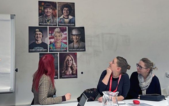 Die Teilnehmerinnen sehen Plakate von Schweizer Jugendorganisationen an, die humorvoll bearbeitete Fotos von Bundesratsmitgliedern zeigen.