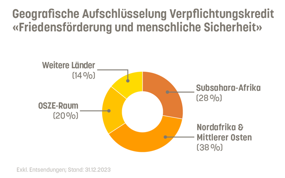 38% des Verpflichtungskredits Friedensförderung und menschliche Sicherheit gingen nach Nordafrika und Mittlerer Osten. 28 nach Subsahara-Afrika. 20 in den OSZE Raum. 14 in weiter Länder.