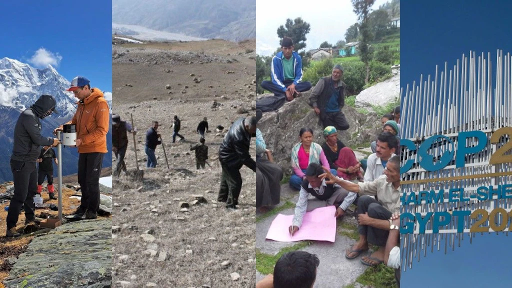 A series of photographs illustrates the different levels – science, local communities, and international organisations – required to protect mountain regions.