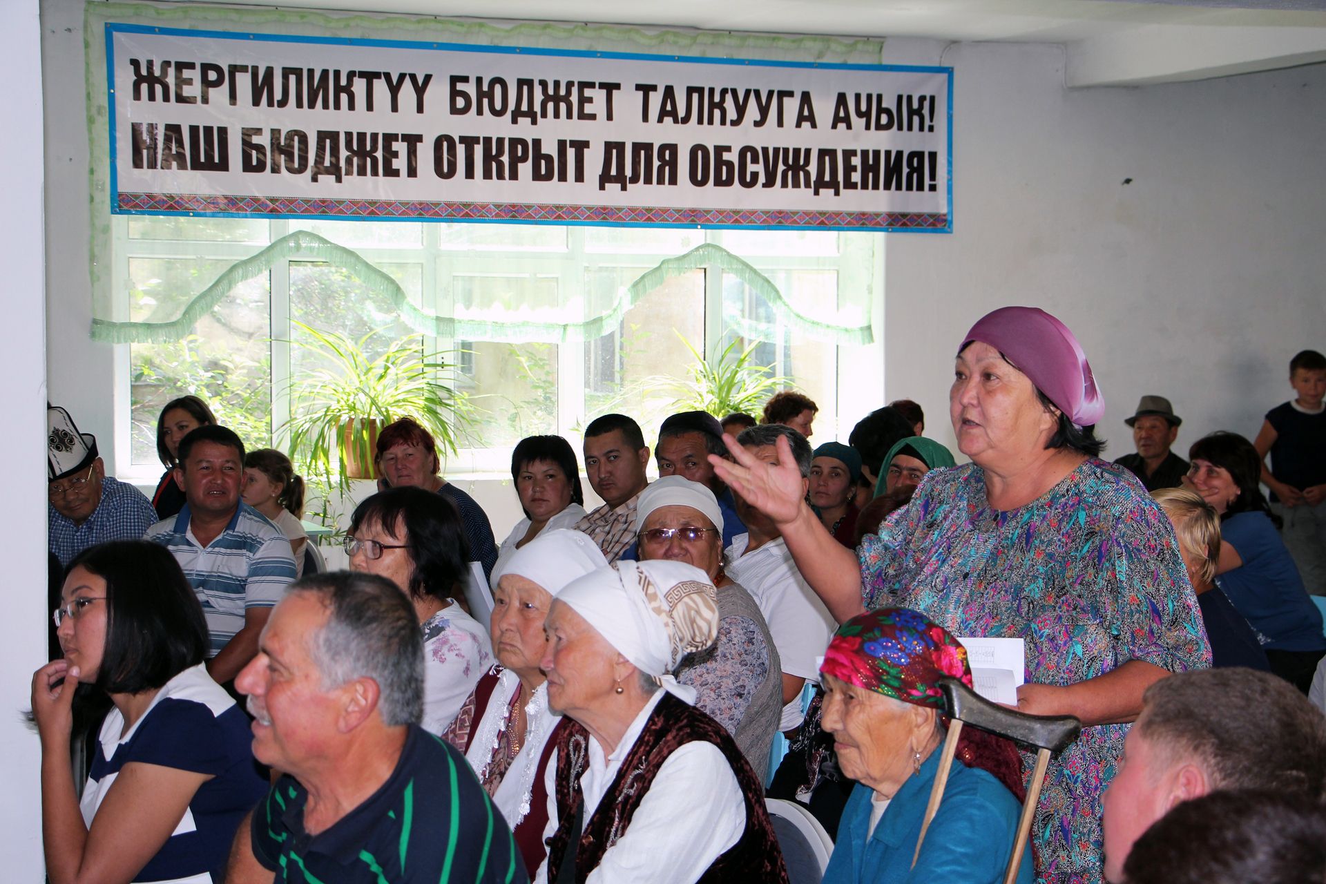 A woman in the audience speaking at a meeting.