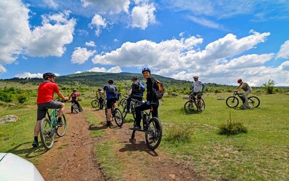 Biking tourists in the Maleshevo Protected Area.