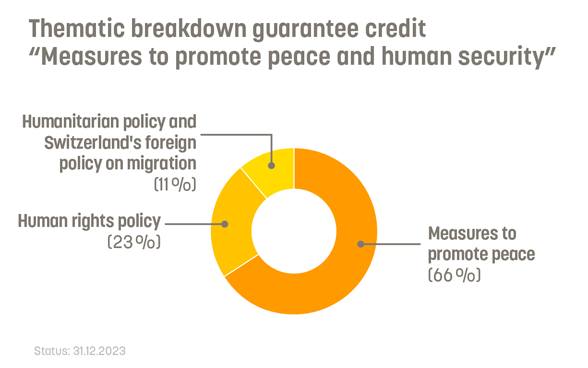 66% of the guarantee credit for peace and human security goes to peacebuilding. 23% goes to human rights policy and 11% to humanitarian policy and foreign migration policy.