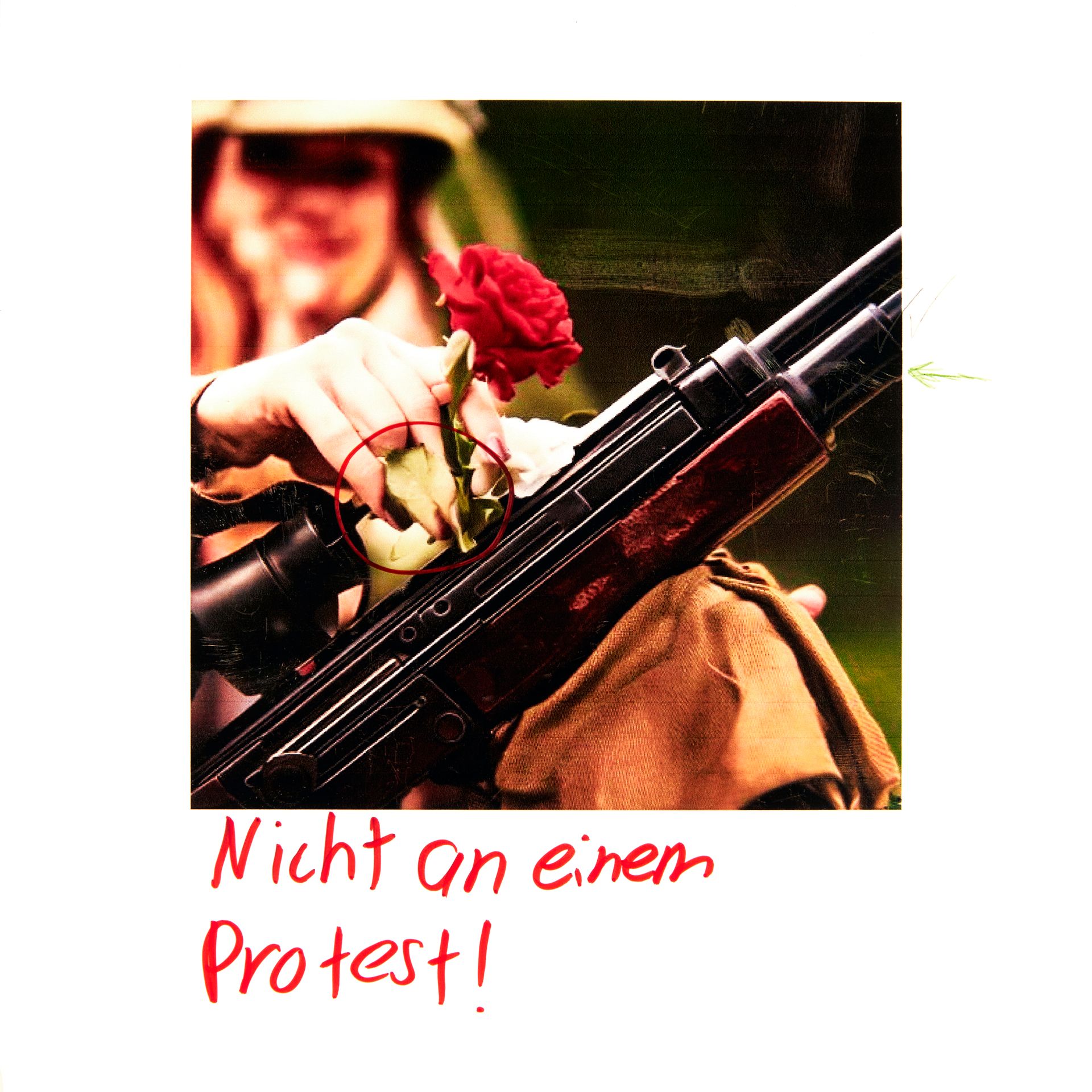 An AI-generated image showing a woman inserting a red rose into a rifle magazine.