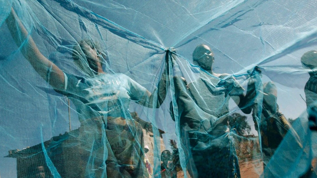 Some children hold up a large blue mosquito net.