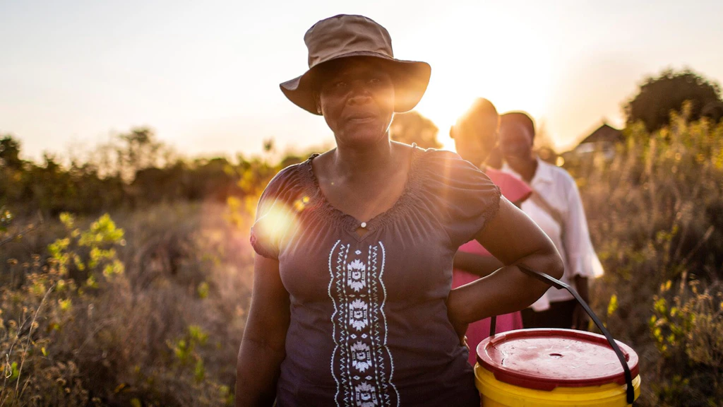 A woman carries a bucket of water.