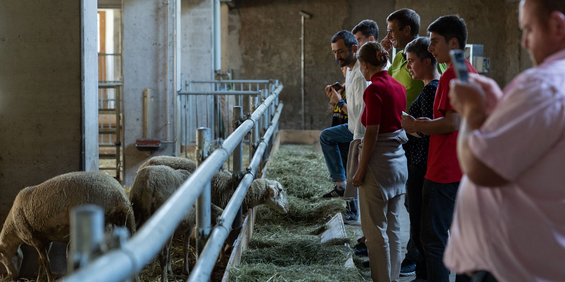 Young women and men visiting a barn.
