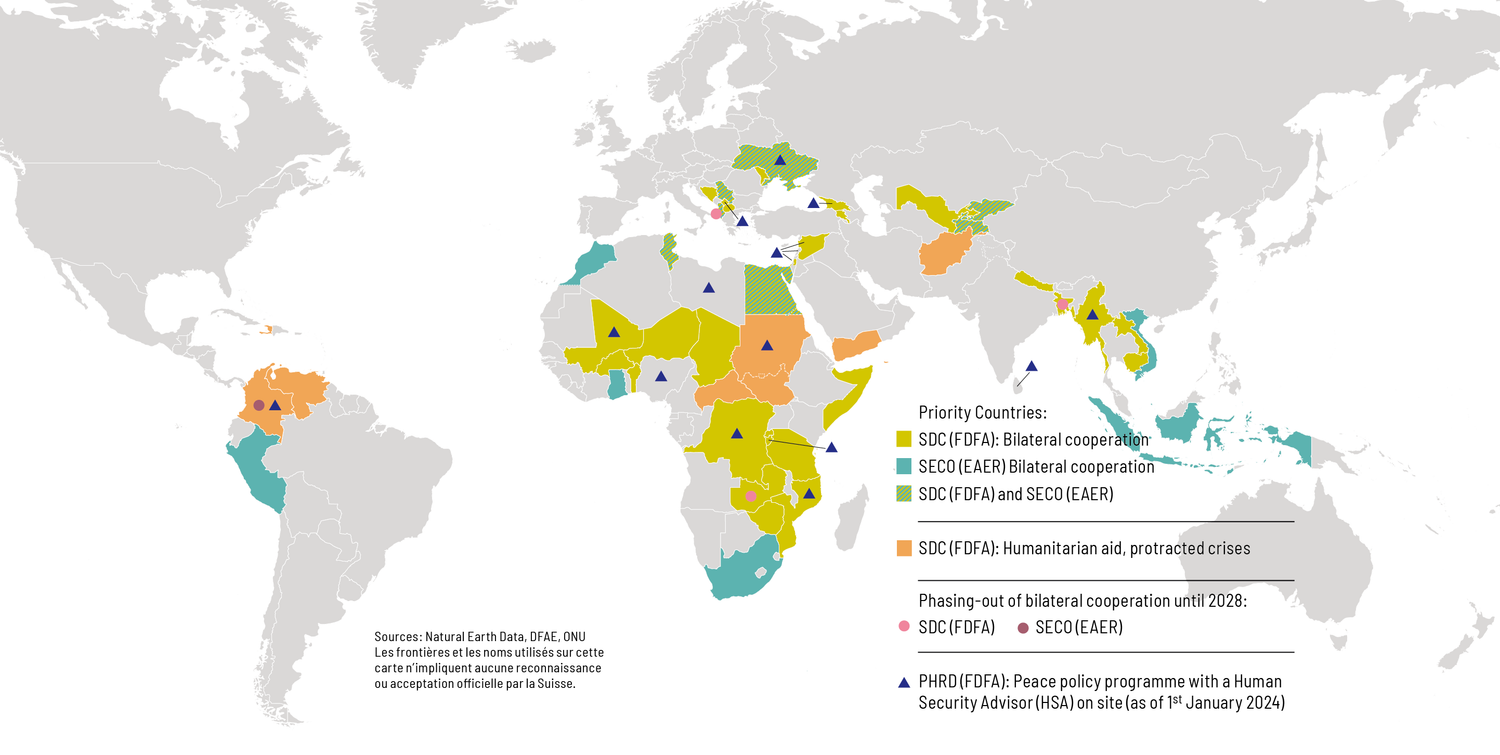 The map shows the priority countries as set out in Switzerland’s International Cooperation Strategy 2025-2028. 