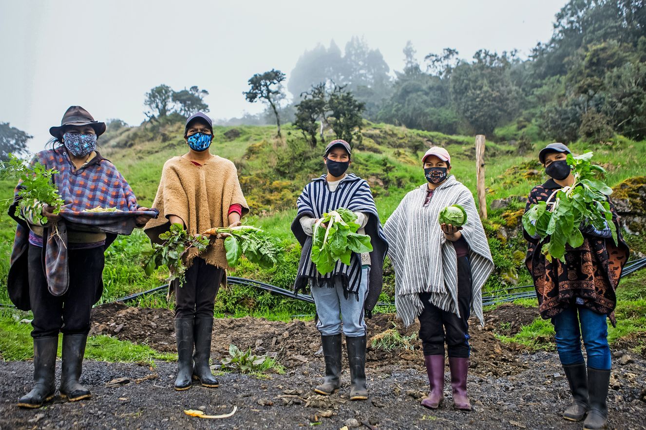 A Colombian smallholder family displaying their diverse harvest.
