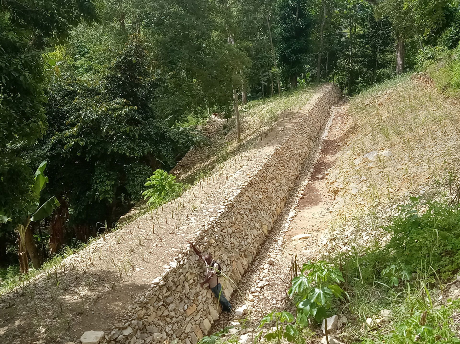A Haitian man stands in front of a stone dam the same size as himself.