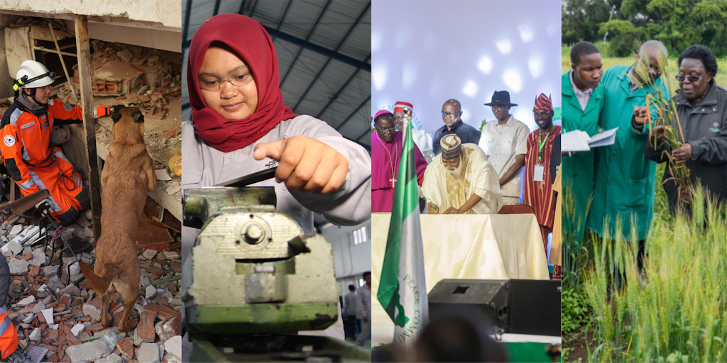 Four pictures next to each other: a rescuer with a dog in front of a collapsed house, a woman at a machine, a group of people at the signing of a peace treaty and a group of people inspecting an ear of corn. 