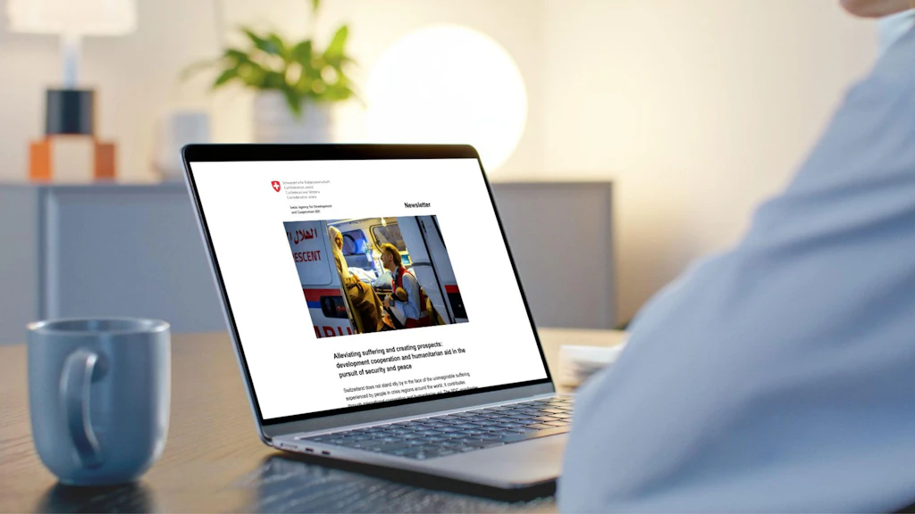 A person reading the SDC’s newsletter on a laptop.
