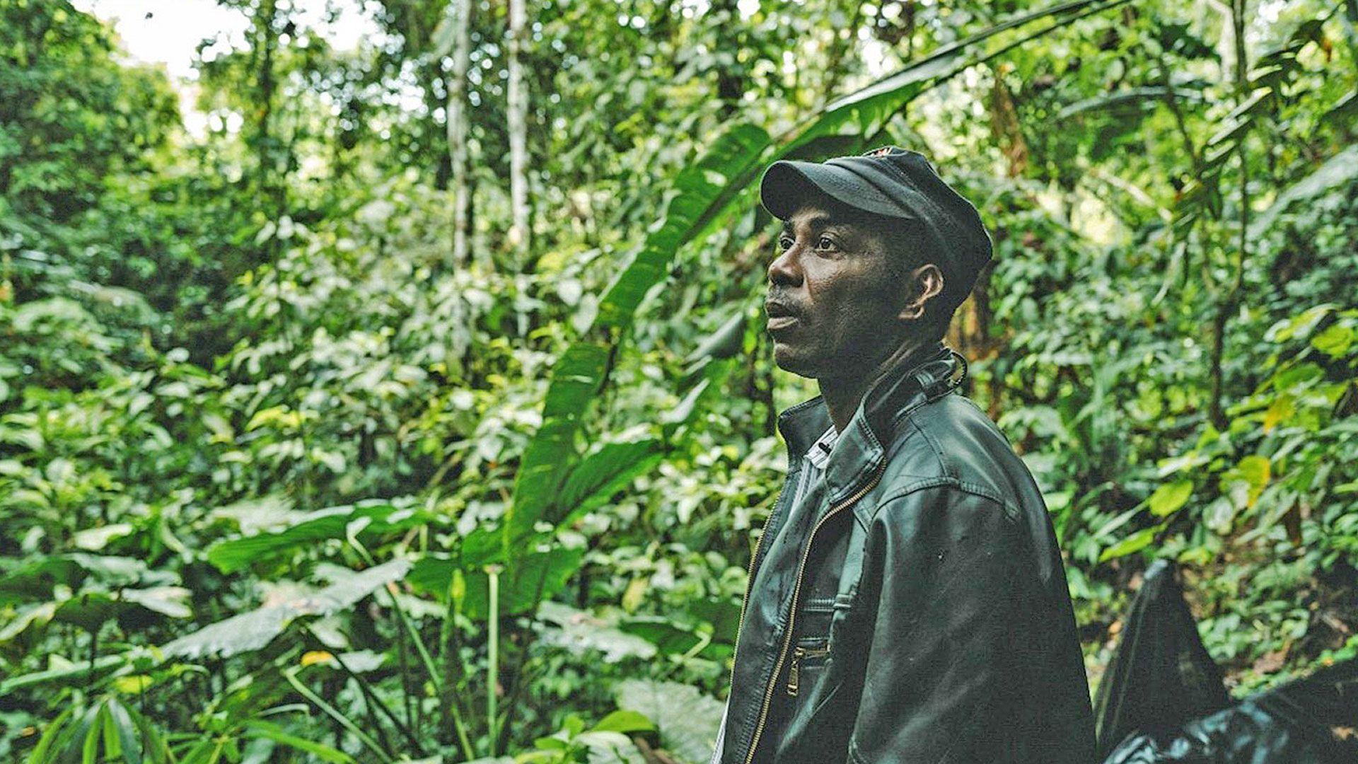 A man wearing a leather jacket standing in a green and lush jungle.