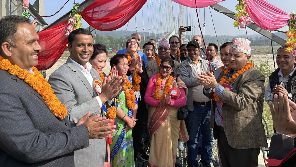 Representatives of the Swiss Embassy and the Nepalese government at the inauguration of the Marin Khola Bridge on 9 November in Bagmati Province.