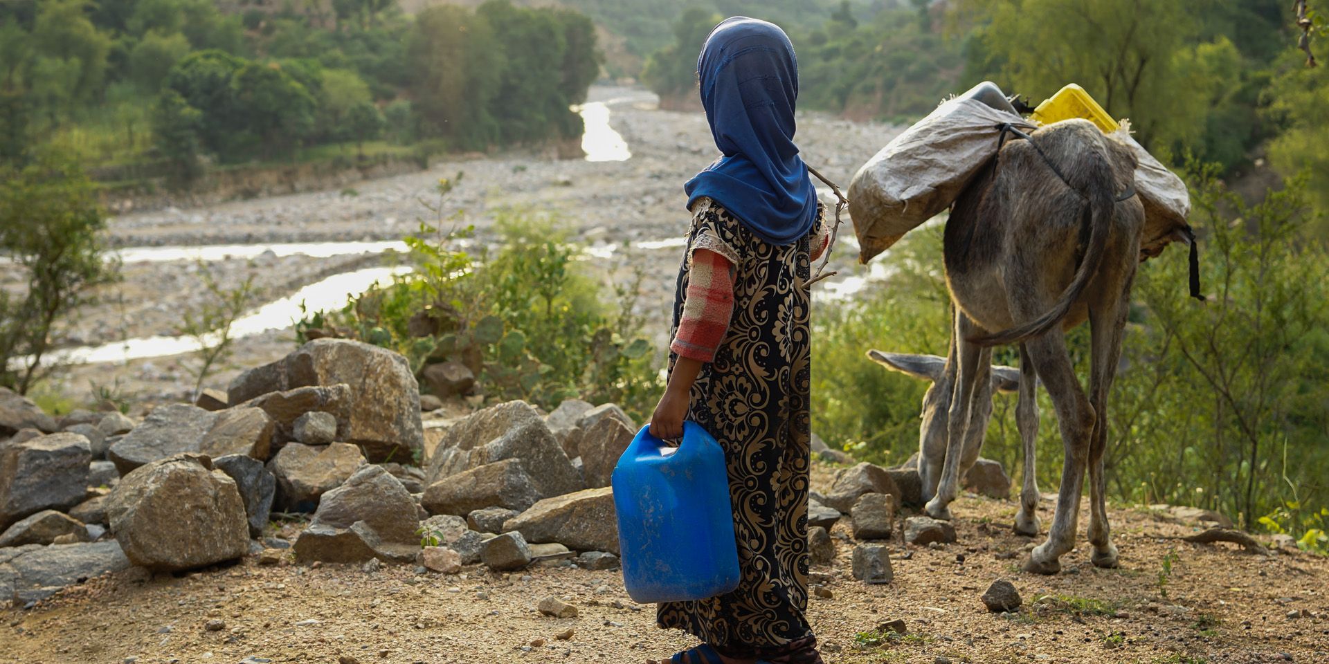 Une jeune fille se tient en haut d’une vallée, avec un seau d’eau dans la main. On la voit de dos.