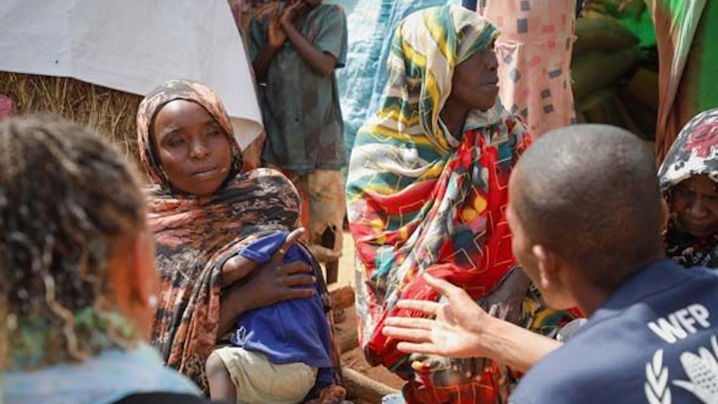 Le personnel humanitaire, avec Patricia Danzi, s’adresse à des femmes en tenue traditionnelle au Tchad.
