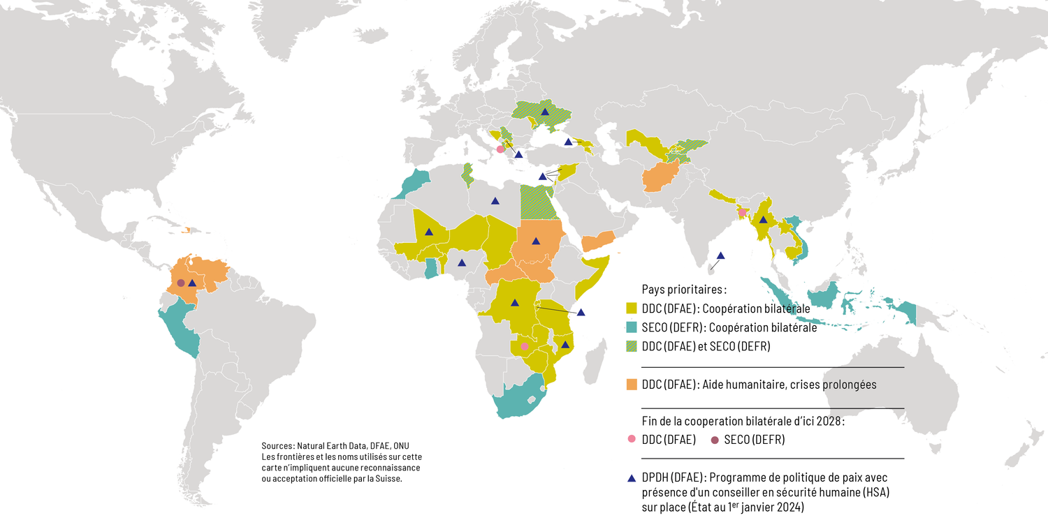 La carte du monde présente les pays d’intervention de la coopération au développement, de l’aide humanitaire et de la promotion de la paix de la Suisse.
