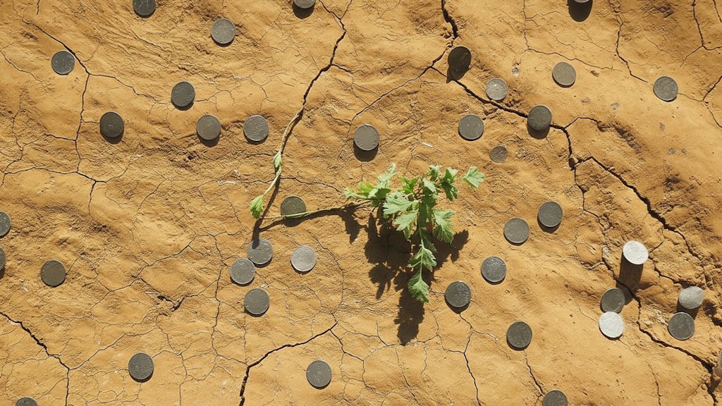 Image symbolique avec des pièces de monnaie sur sol asséché.