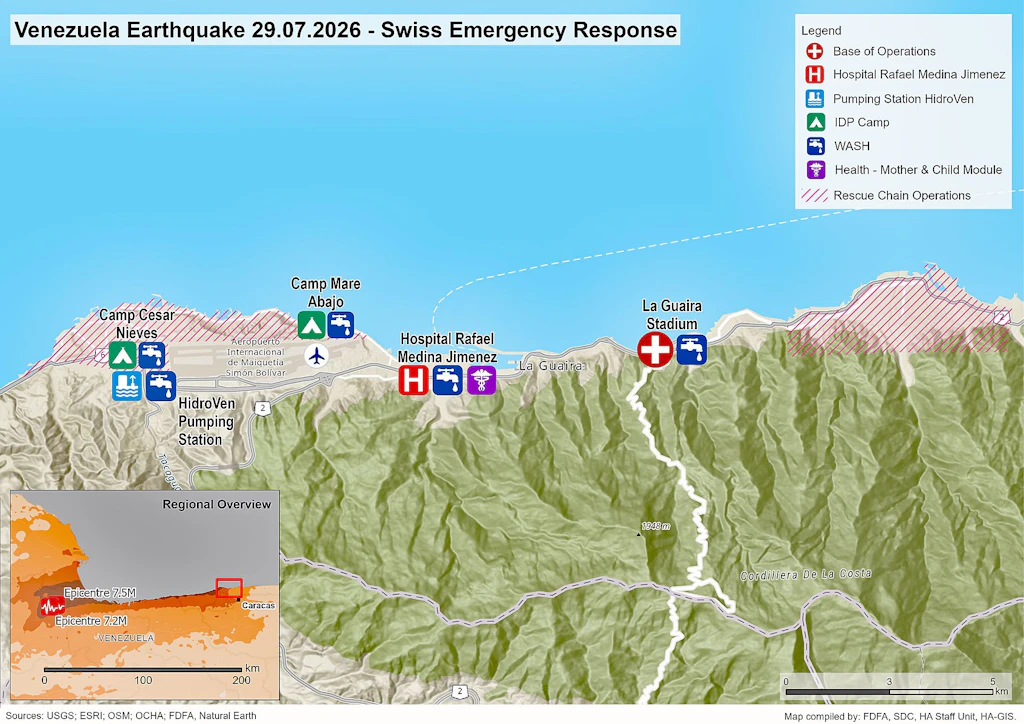 Une carte avec des icones thématiques des activités humanitaires de la DDC dans les zones sinistrées. 