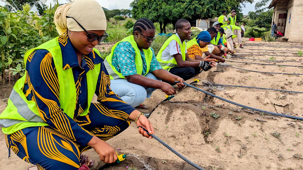Plusieurs personnes portant des gilets de sécurité installent des lignes d’irrigation goutte à goutte dans un champ cultivé en Tanzanie.
