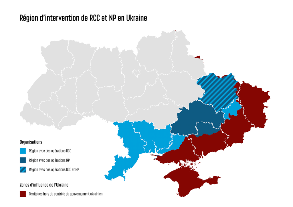 Une représentation graphique des régions d'intervention de RCC et NP. Celles de RCC sont colorées en bleu foncé sur la carte, celles de NP en bleu clair.