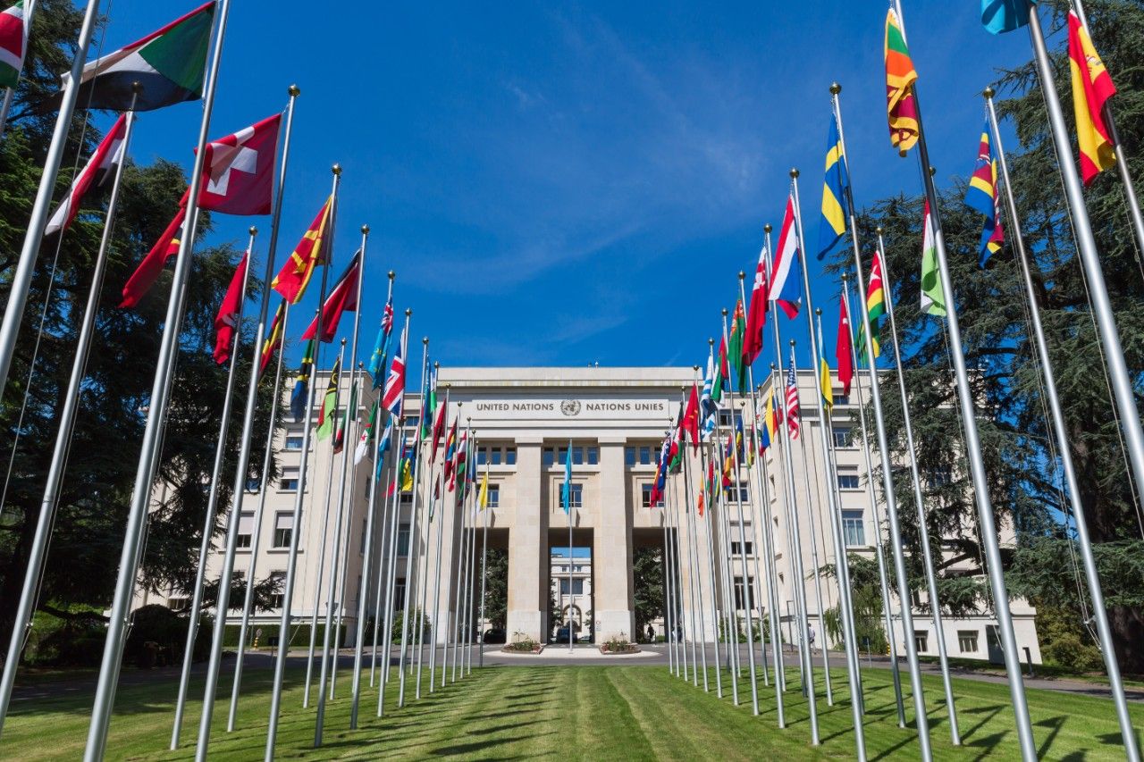 Bâtiment de l’ONU à Genève dont l’allée principale est bordée des drapeaux de ses États membres.