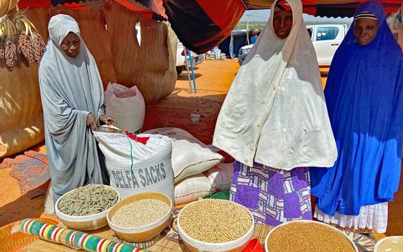 Des femmes voilées s’affairent autour d’un stand de grains divers sous une tente au Niger.