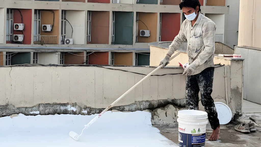 Una persona sta tinteggiando un tetto di bianco.