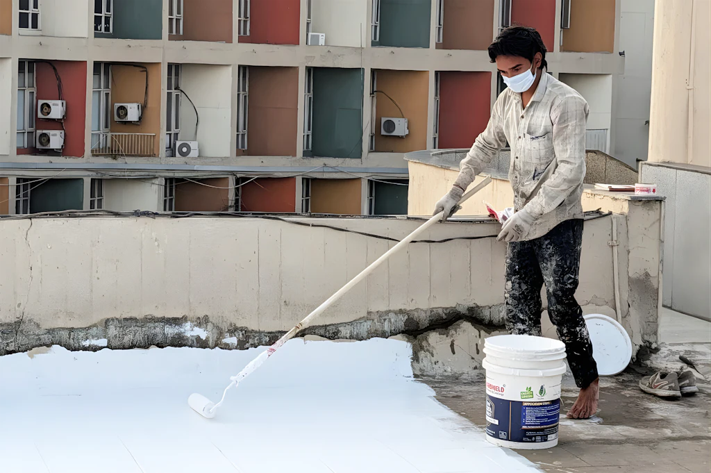 Una persona sta tinteggiando un tetto di bianco.  