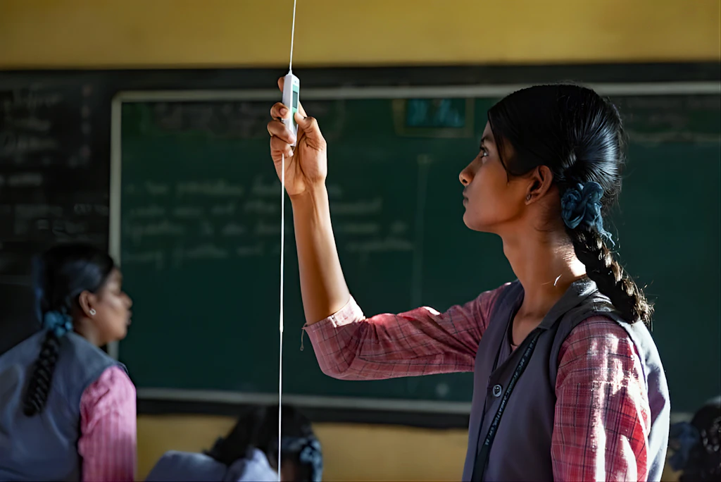 Una ragazza misura la temperatura in un’aula scolastica.  