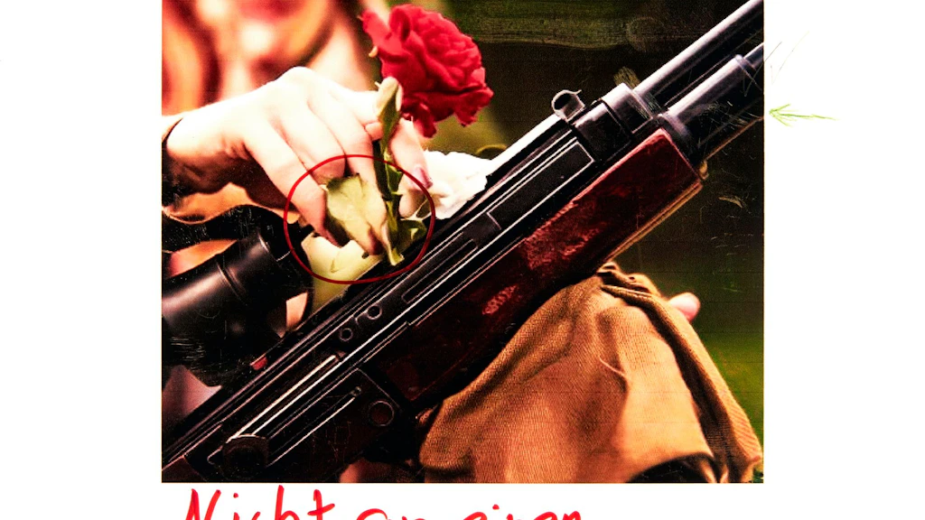 Un'immagine generata dall'IA che mostra una donna inserire una rosa rossa nel caricatore di un fucile.