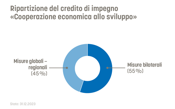 Il 55% del credito d'impegno per la cooperazione allo sviluppo economico è destinato a misure bilaterali. Il 45% a misure globali e regionali.