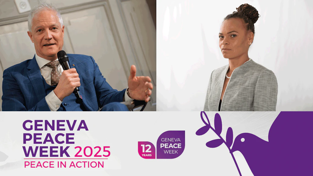 L'immagine mostra i banner ufficiali della Geneva Peace Week con il motto «Peace in Action» e le foto ritratto di Patricia Danzi e Tim Enderlin.