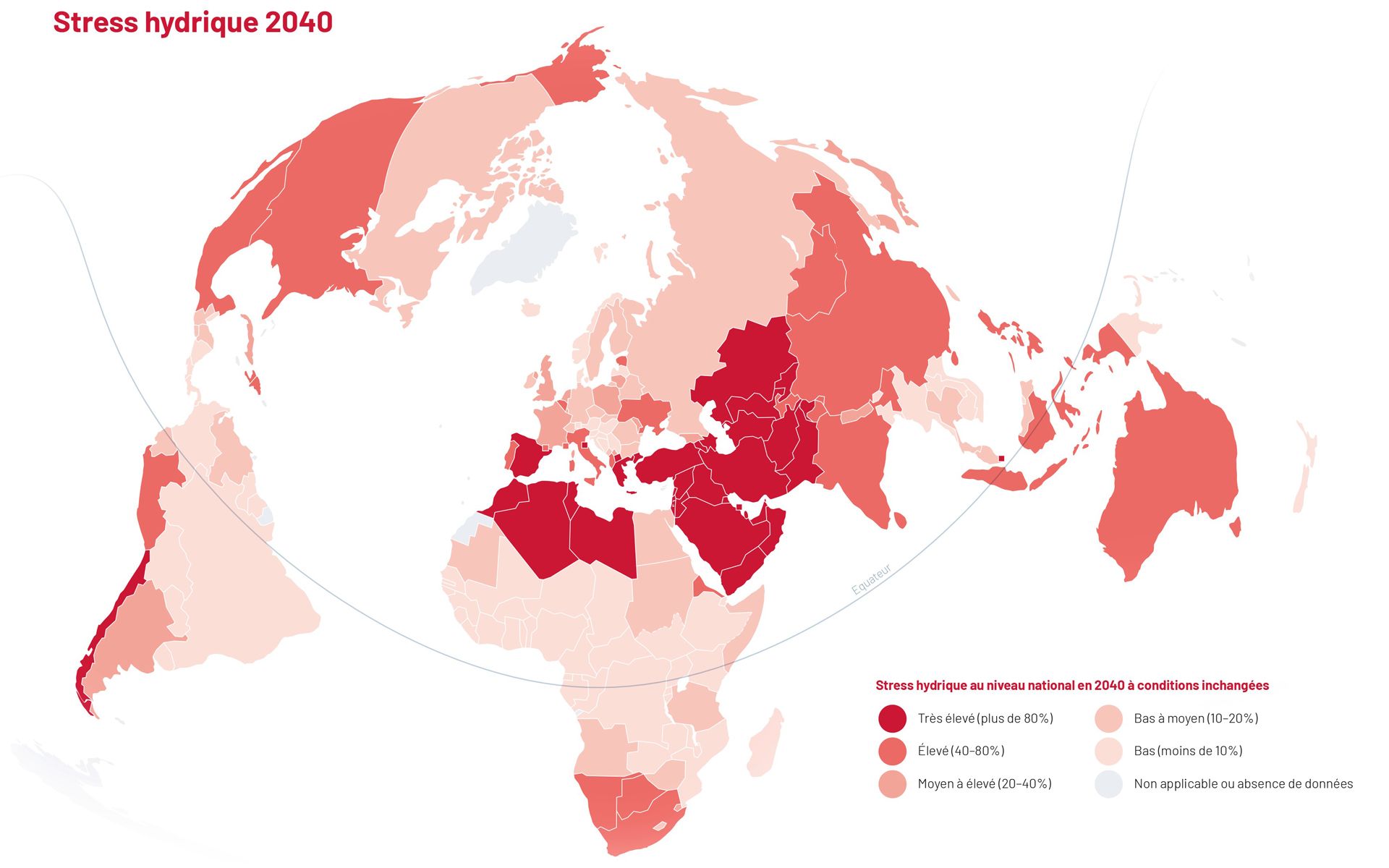 Grafico sulla distribuzione globale della penuria d’acqua prevista per il 2040 a livello dei singoli Paesi.