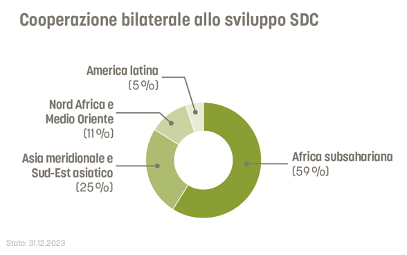 Il 59% della cooperazione bilaterale allo sviluppo della DSC è stato destinato all'Africa subsahariana, il 25% all'Asia, l'11% al Nord Africa e al Medio Oriente e il 5% all'America Latina.