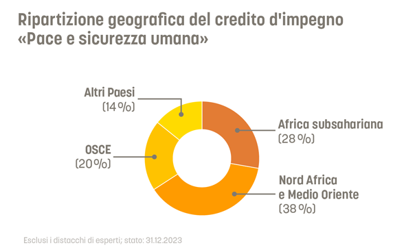 Il 38% del credito d'impegno pace e sicurezza umana è andato al Nord Africa e al Medio Oriente. Il 28% all'Africa subsahariana. 20 alla regione OSCE. 14 ad altri paesi.